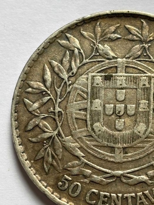 Moeda 50 centavos portugueses prata 1916 Km#561