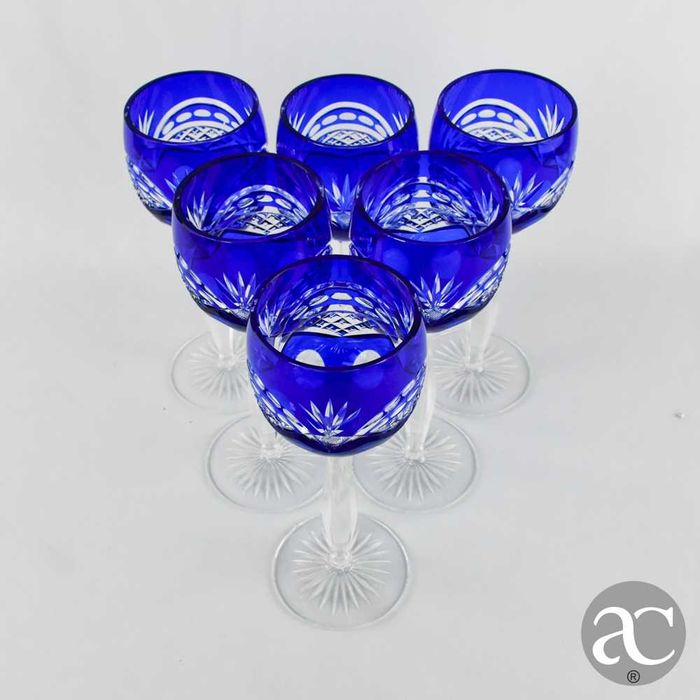 Conjunto de 6 copos Cristal da Bohemia, em Cristal Doublé azul-cobalto
