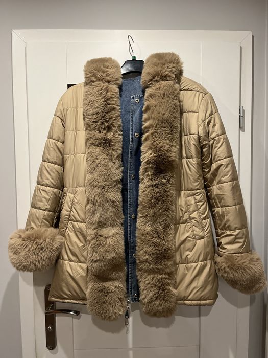 Dwustronna kurta zimowa ocieplana jeansowa parka beżowa puchowa ciepła