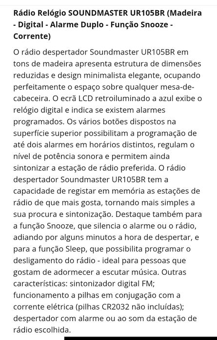 Rádio Relógio SOUNDMASTER UR105BR