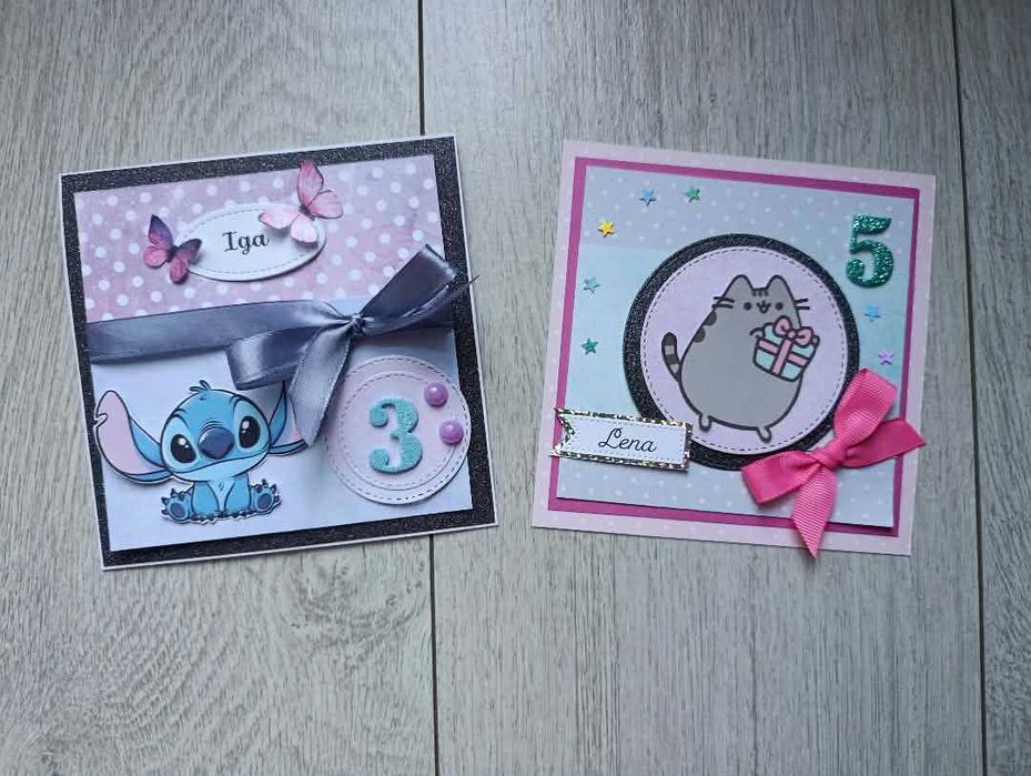 2 kartki ręcznie robione na urodziny kotek Pusheen i Stitch