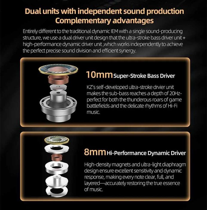 ‼️ KZ Duet (Black, 3.5, no mic) - наушники вкладыши на 2DD (8+10 мм.)