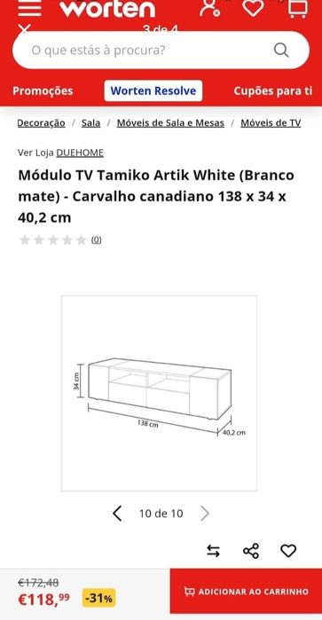 Móvel TV branco carvalho 138 x 34 x 40,2 cm