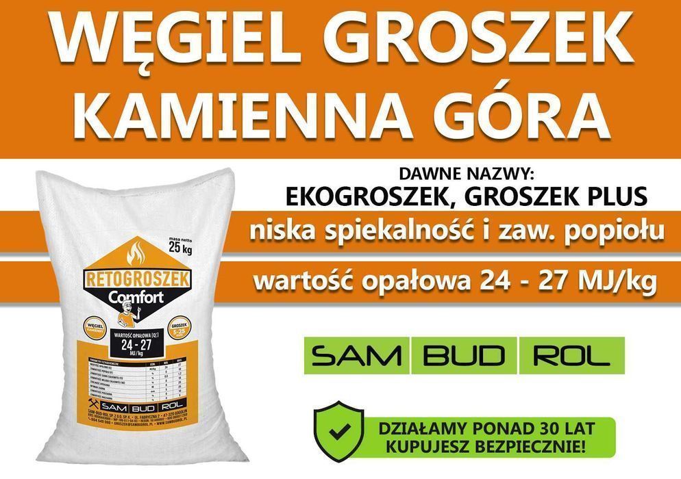 Węgiel GROSZEK (dawniej ekogroszek) KAMIENNA GÓRA, niska spiekalność !