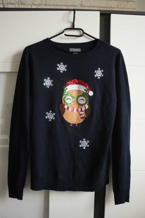 !Bardzo dobry! Granatowy, cieniutki sweterek świąteczny z sową Primark, XS!