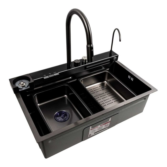 Кухонна мийка Workstation 750×460, чорна, з водоспадом, змішувачем та аксесуарами