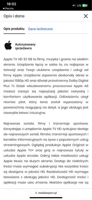 Apple tv hd 32gb czarny