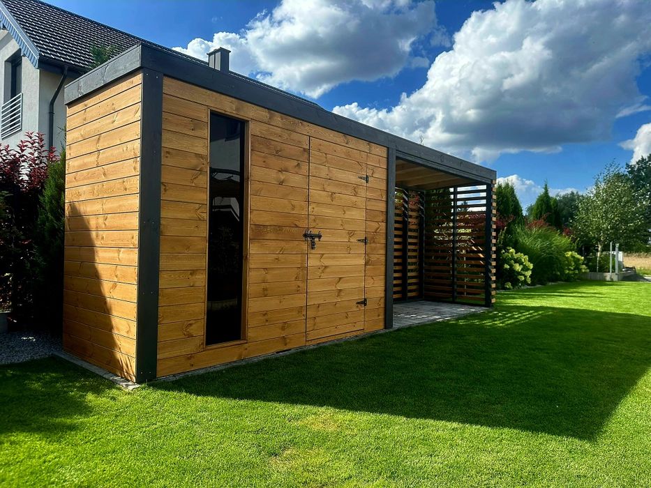 Nowoczesny Drewniany Domek Narzędziowy z wiatą VESTA 2x6m