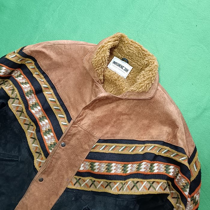 вінтажна куртка-бомбер CUIROPOLIS vintage suede jacket 90-s замшева дублянка шерпа вінтаж винтаж  куртка 90-х western aztec ethno ретро розмір M-L