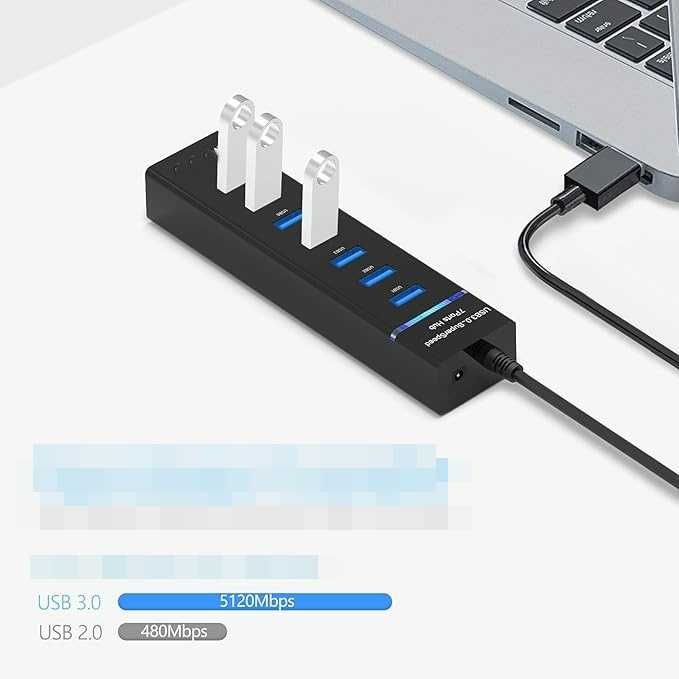 Hub USB 3.0 7-portowy, superszybki 5Gb/s, do PC, Mac, laptopa