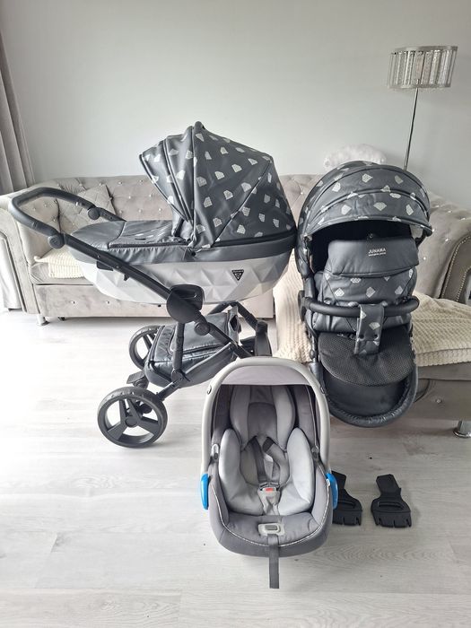 Wózek 3w1 4w1 Junama Diamond glow siwy szary w diamenty ekoskora