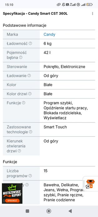 Pralka candy Smart 360 l 6kg od gory