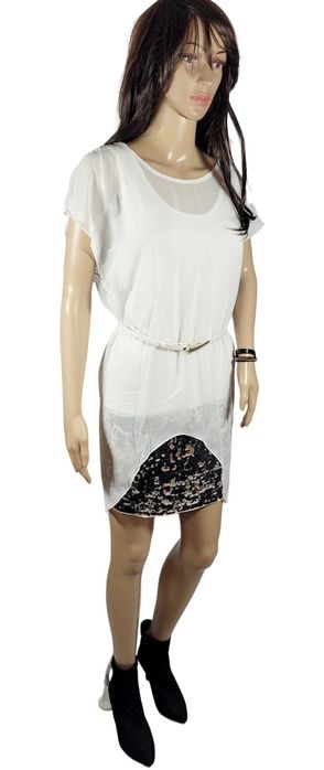 Nowa biała elegancka sukienka cekiny 32,XXS/34,XS pasek BonPrix BPC