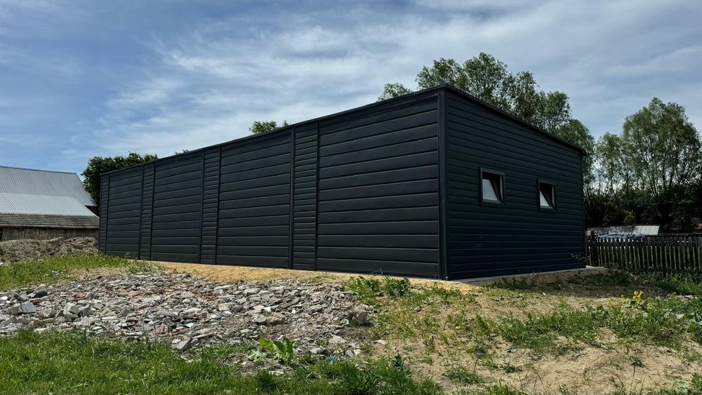15×5.5m Garaż blaszany Antracyt MAT Ułożenie blachy poziomo Orynnowanie Inowacyjne rozwiązania Brama h-277 światła wjazdu