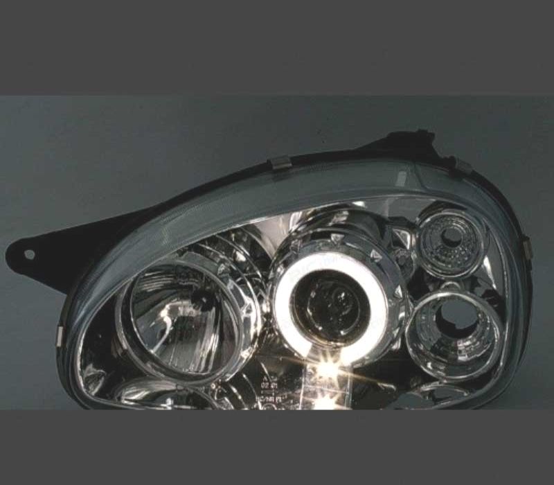 FARÓIS FRONTAIS ANGEL EYES PARA OPEL CORSA B,93-00 FUNDO CROMADO ELEC.