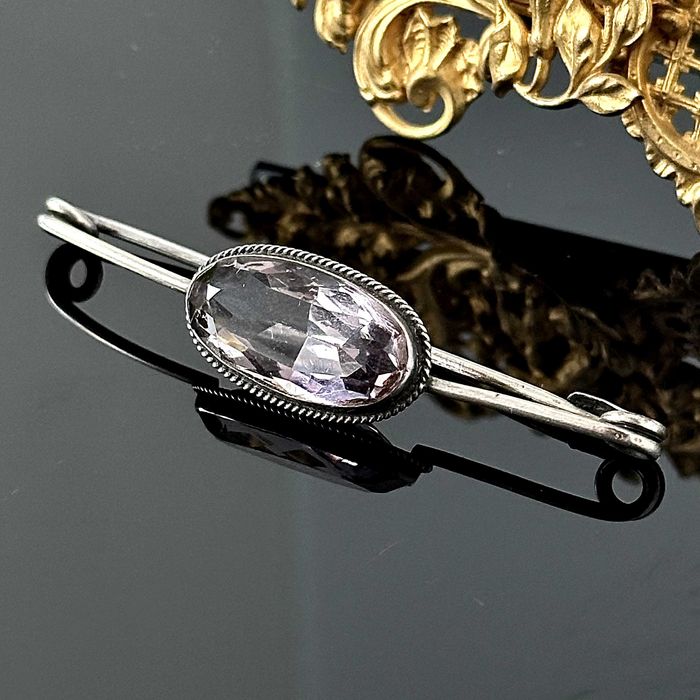 Srebrna broszka z dużym naturalnym Ametystem – oryginał secesja, 1900r