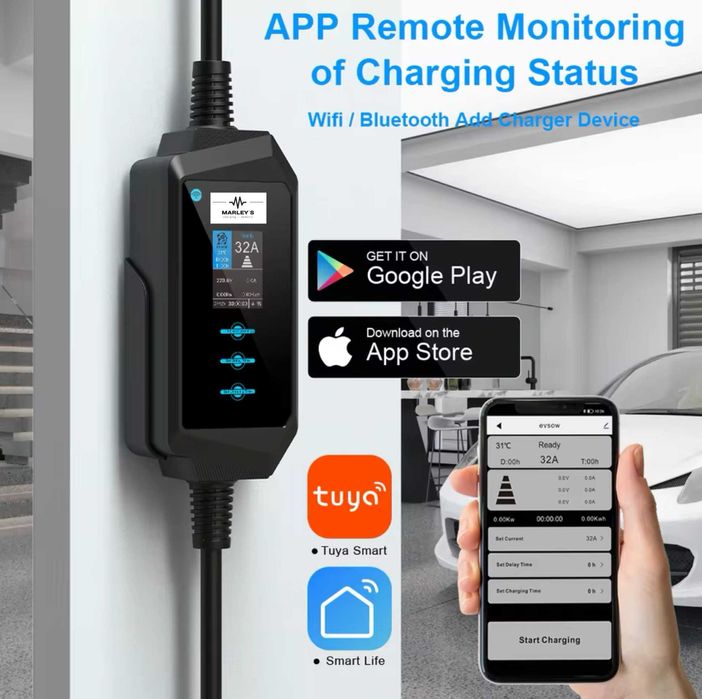 Carregador Portátil 7 kw - 32A - C/APP - Sup. Parede - Saco Transporte