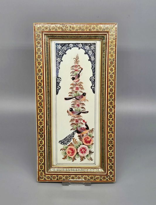 Obraz Khatam Persja intarsja ręcznie robiona Ptaki Kwiaty XX w.