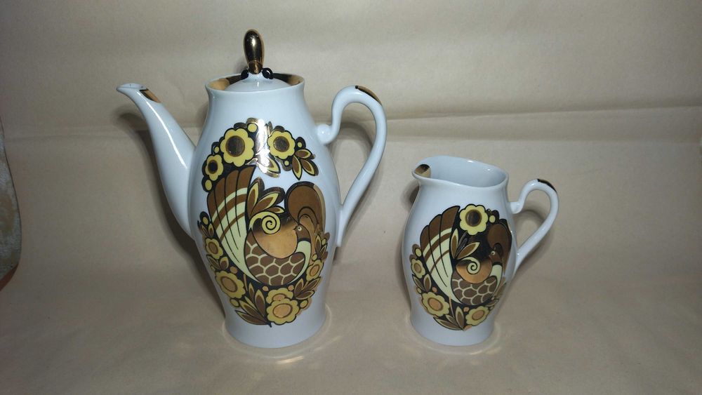 Кофейник и сливочник Жар птица, винтажный кофейник позолота
