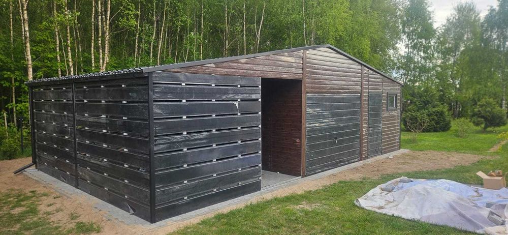 Garaż blaszany 6x5 drewnopodobny dwuspadowy brama uchylna + wiata 3x5