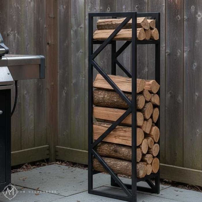Stojak na Drewno Kominkowe / Grillowe LOFT Regał Kominkowy Stalowy Czarny 110cm