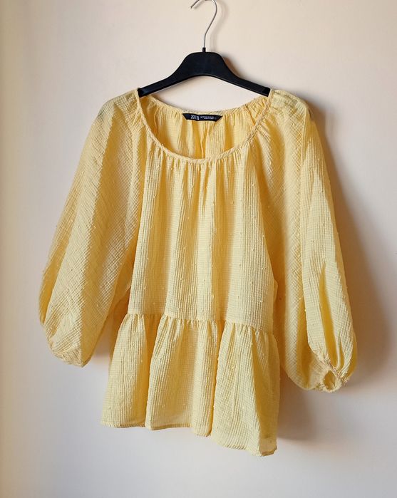 Żółta bawełniana bluzka z falbanką, ZARA, rozmiar XS