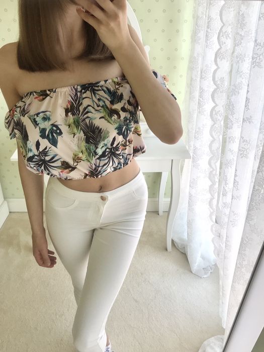 Bluzka hiszpanka koszulka odkryte ramiona z krótkim rękawem palmy S