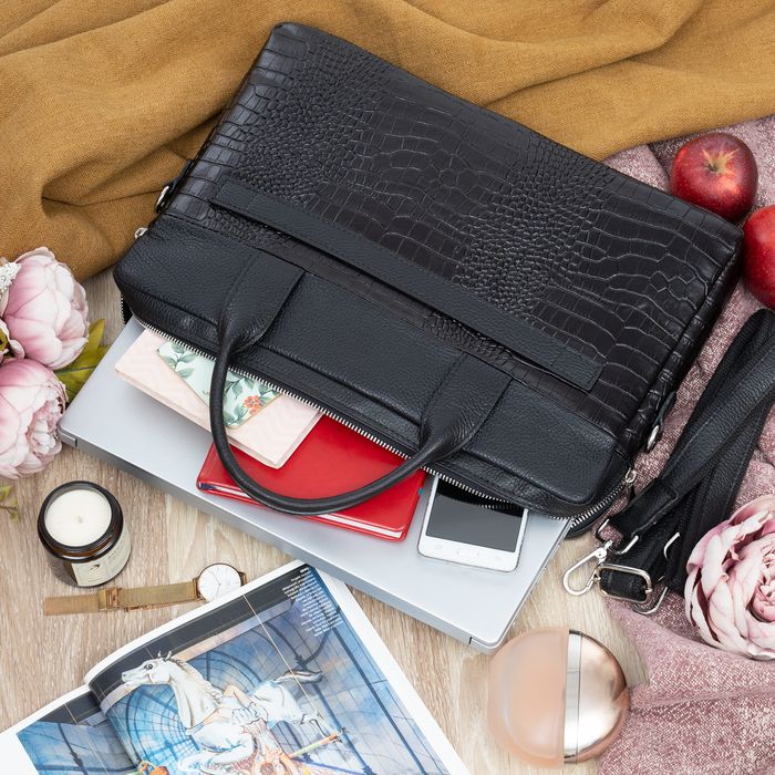 VERA PELLE torebka skórzana teczka kroko torba na laptopa V545 czarna