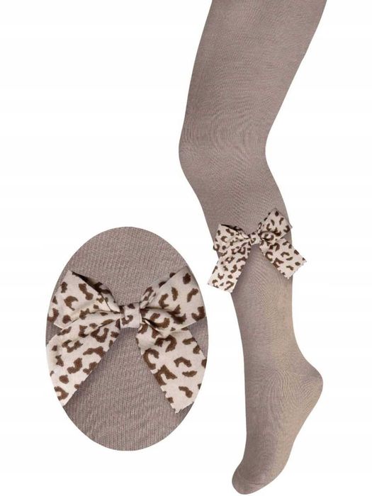 Rajstopy bawełniane ecru kokardką w panterkę Milusie 116/122