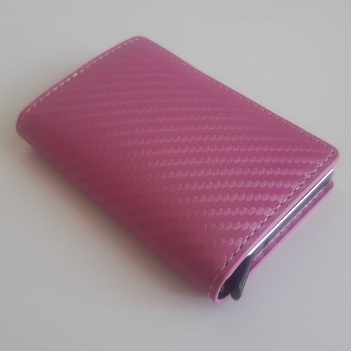 Pequena Carteira Porta Cartões Notas Alumínio Fibra Carbono Rosa