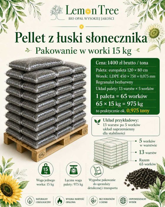 Pellet z łuski słonecznika workowany