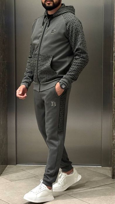 BALMAIN серый спортивный мужской костюм зип худи штаны оригинал