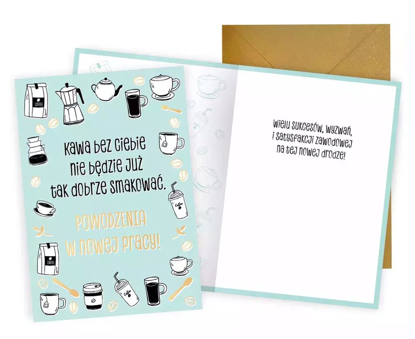 Karnet podziękowania za współpracę, kawa. Kukartka. Nowy Produkt