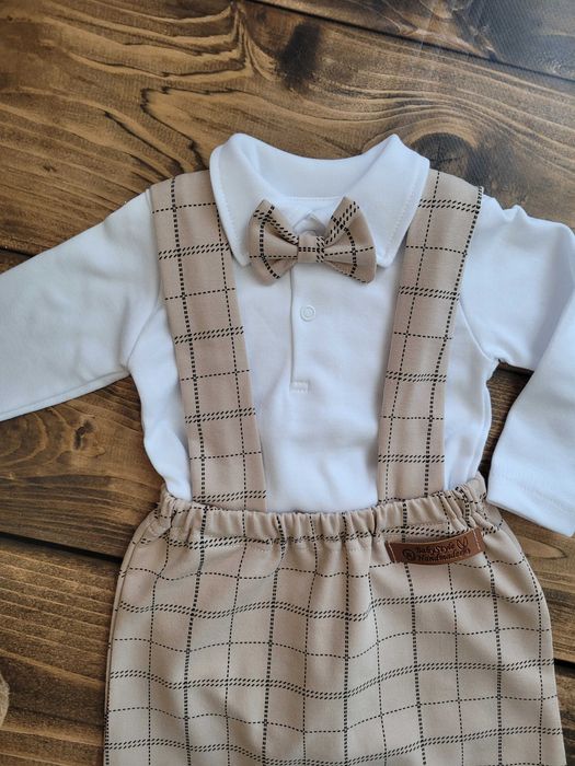 Garniturek dla dziecka na chrzest roczek urodziny kamizelka KRATKA BEŻ