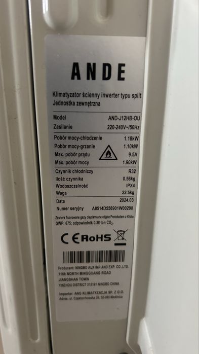 Klima split inwerter Ande AND-J12HB-OU moc 3,5kW z dezynfekcją UV!