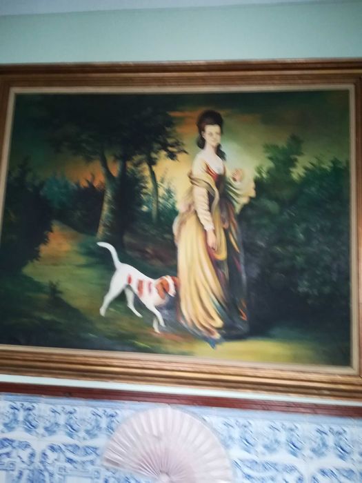 Pintura a óleo - 1,44 m por 1,16m  "A Dama e o seu fiel amigo" - Antig
