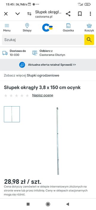 Słupek okrągły 3,8 x 150cm ocynk