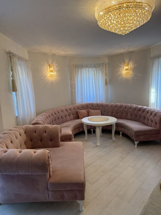 Sofa narożnik kanapa różowa z fotelem