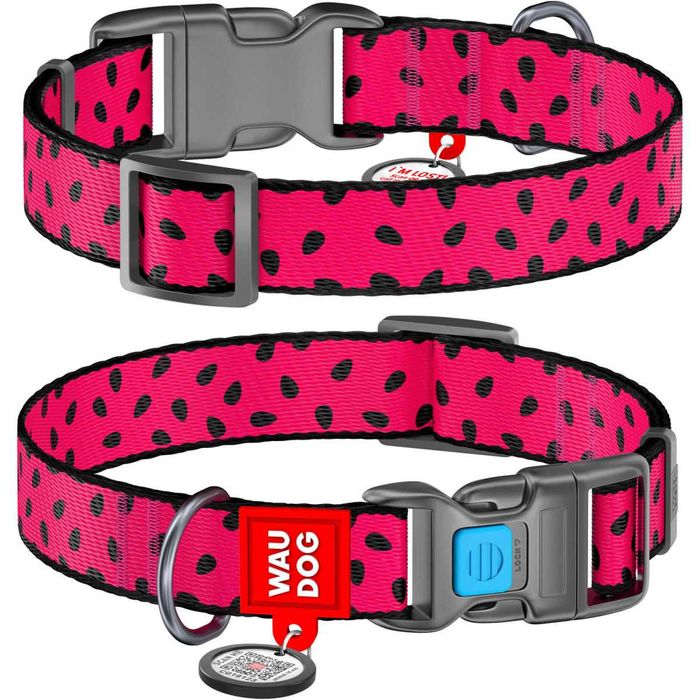 NOVO - Coleira em Nylon WAUDOG com Estampados Exclusivos e Medalha QR – Fecho em Metal ou Plástico