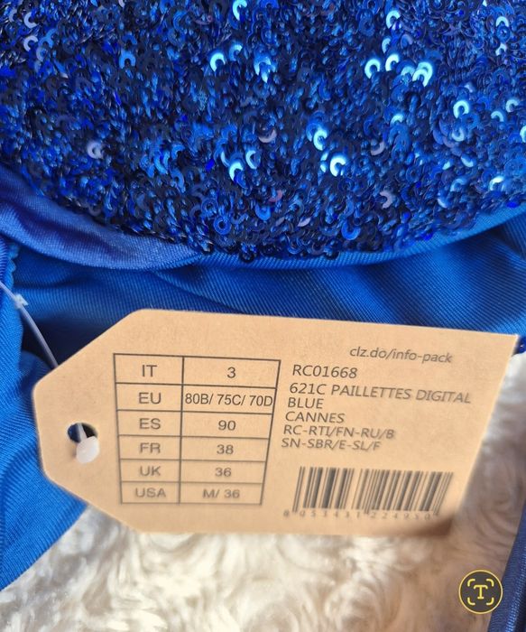 Biustonosz kąpielowy Calzedonia M 80B/75C/70D Cannes z cekinami niebieski digital blue chabrowy kobaltowy szafirowy