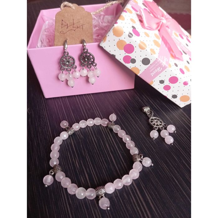 Срібний комплект рожевий кварц сережки підвіска браслет набір срібло