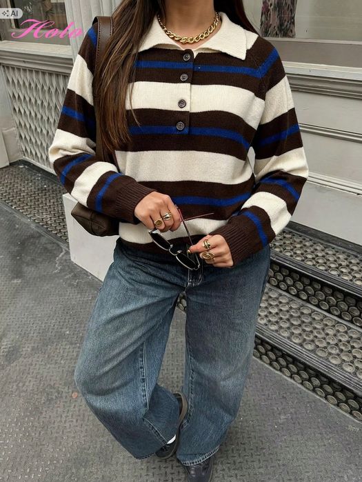 Shein paskowany sweter polo z kołnierzykiem i długim rękawem s 1ła