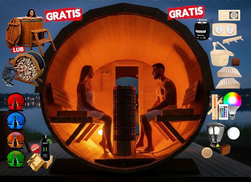 SAUNA Ogrodowa 300 cm + OKNO 100% + GRATIS Beczka 500L + Akcesoria