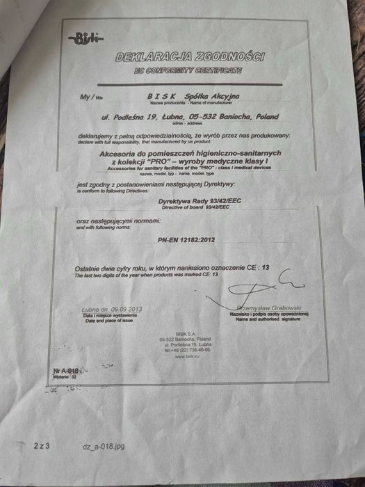 Uchwyt uchylny Blisk-Pro 70 cm biały wyrób medyczny klasy I