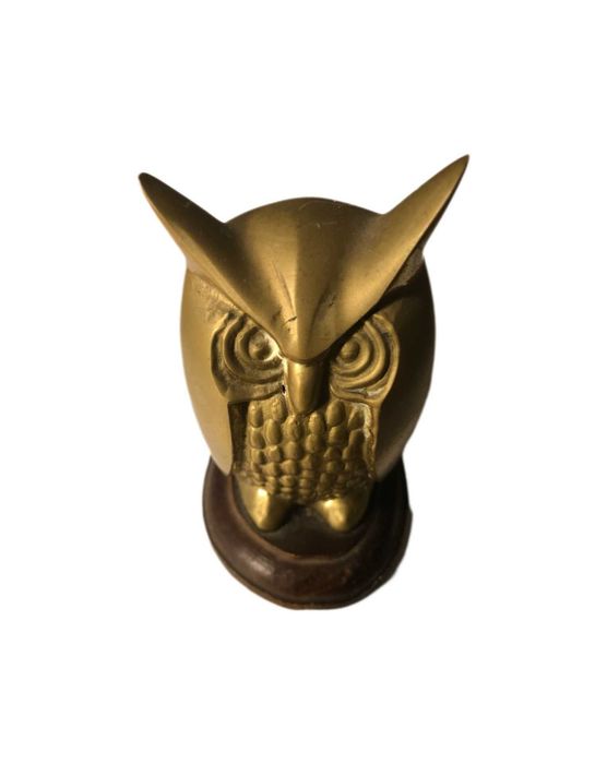 Owl Figurine in Brass with Wooden Base, Height 8.5 cm