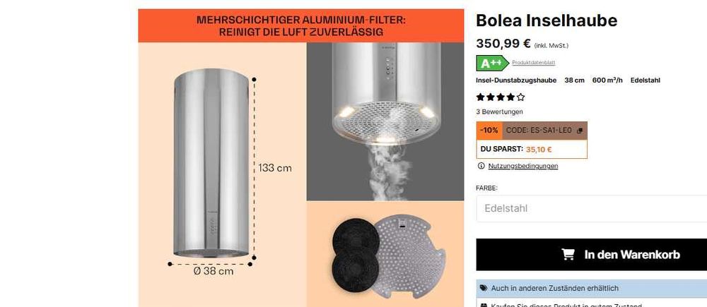 Вытяжка потолочная  стелева  Ø38cm Klarstein Bolea