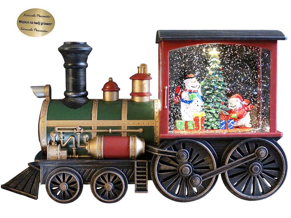 Lokomotywa świąteczna z bałwankami i choinką LED pozytywka pociąg