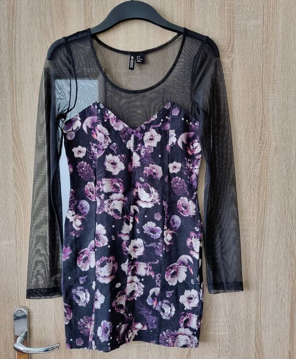 H&M 38 M Sukienka mini w kwiaty i czaszki castle party goth gothic