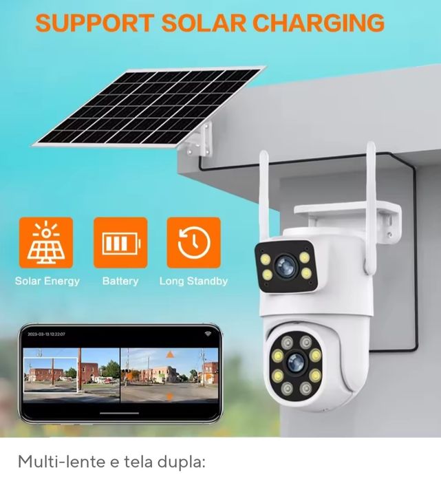 Camera vigilância multi-lente e solar