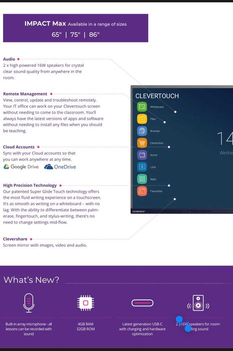 Ecrã interactivo Clevertouch de 65" p/ salas de reuniões e aulas + suporte de parede